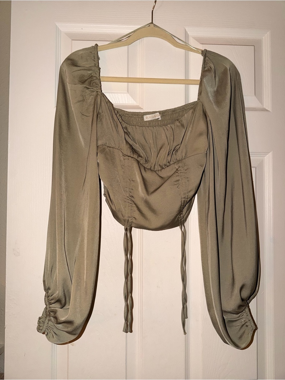 Olivia Rae Olive Satin Square-Neck Crop Top with Bishop Sleeves